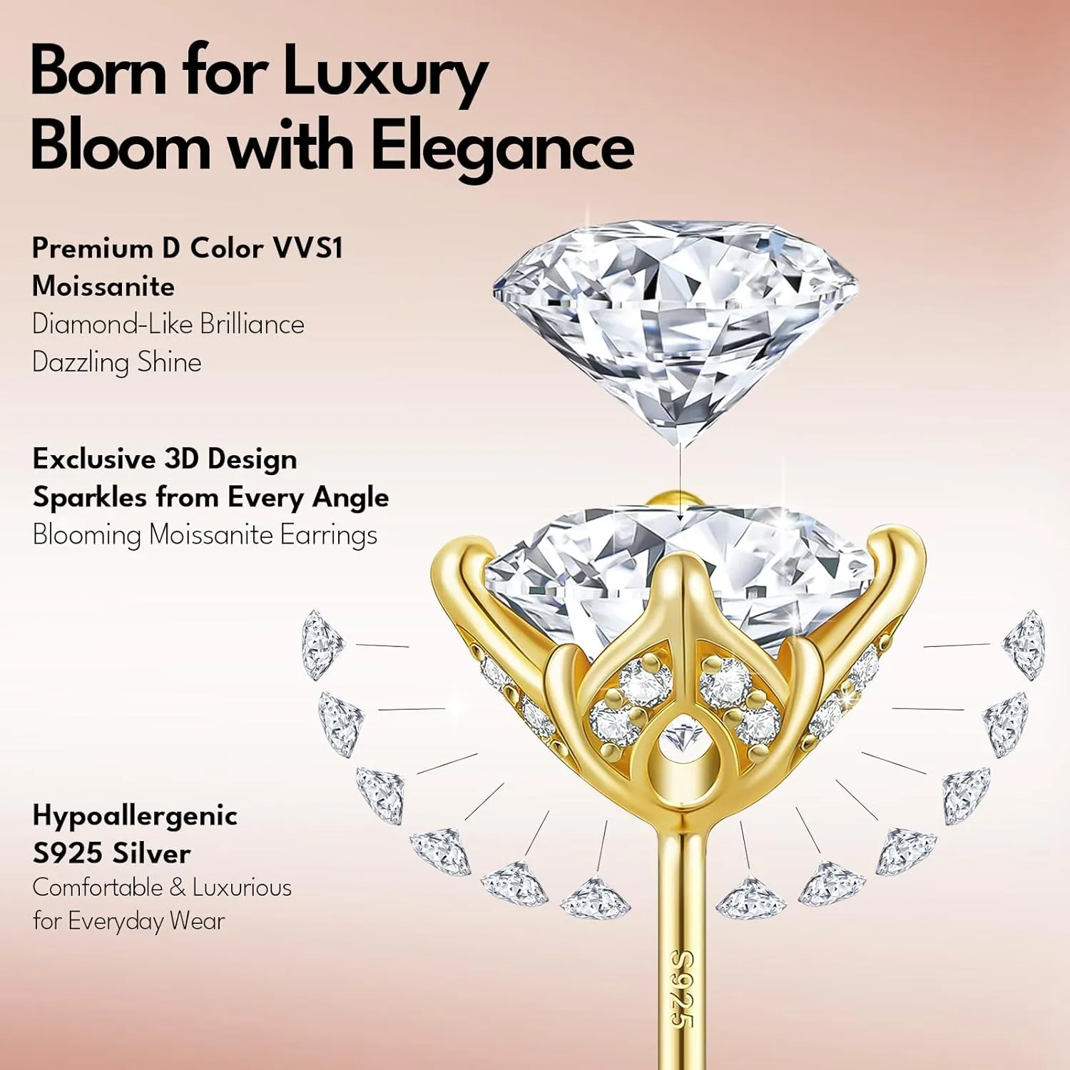 KRKC Moissanite Earrings, Lab Grown Diamond Stud Earrings for Women, 14K Golden Plated Sterling Silver, Bloom Design, 2 Carat D Color VVS1, Hypoallergenic, Gift for Wife, Mom, Her
