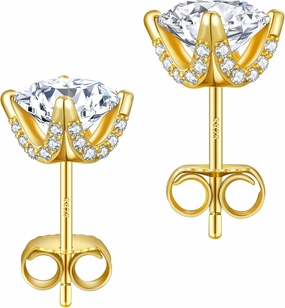 KRKC Moissanite Earrings, Lab Grown Diamond Stud Earrings for Women, 14K Golden Plated Sterling Silver, Bloom Design, 2 Carat D Color VVS1, Hypoallergenic, Gift for Wife, Mom, Her