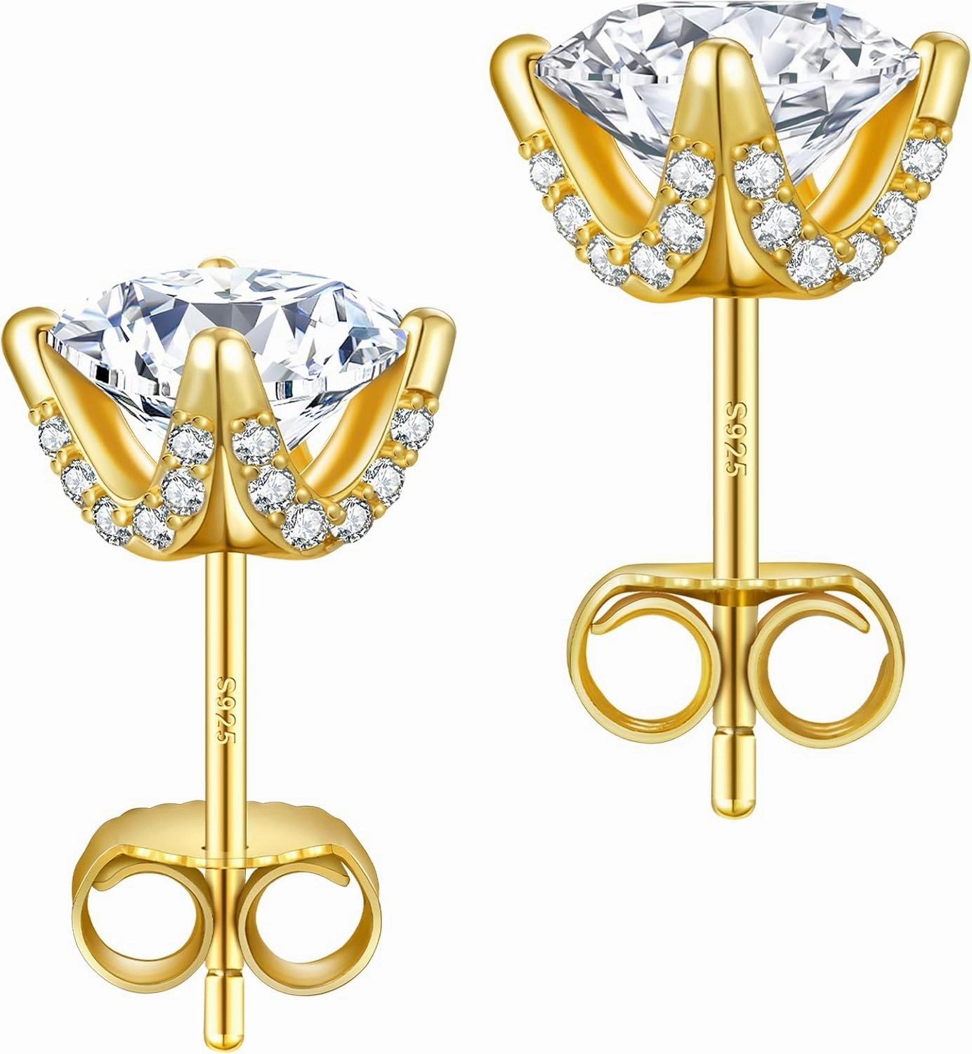 KRKC Moissanite Earrings, Lab Grown Diamond Stud Earrings for Women, 14K Golden Plated Sterling Silver, Bloom Design, 2 Carat D Color VVS1, Hypoallergenic, Gift for Wife, Mom, Her