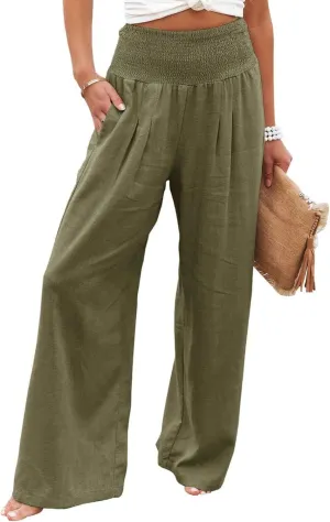 Kubbon Cotton Linen Pants for Women Wide Leg High Waist Pants Casual Stretchy Palazzo Trousers with Pockets Summer Clothes