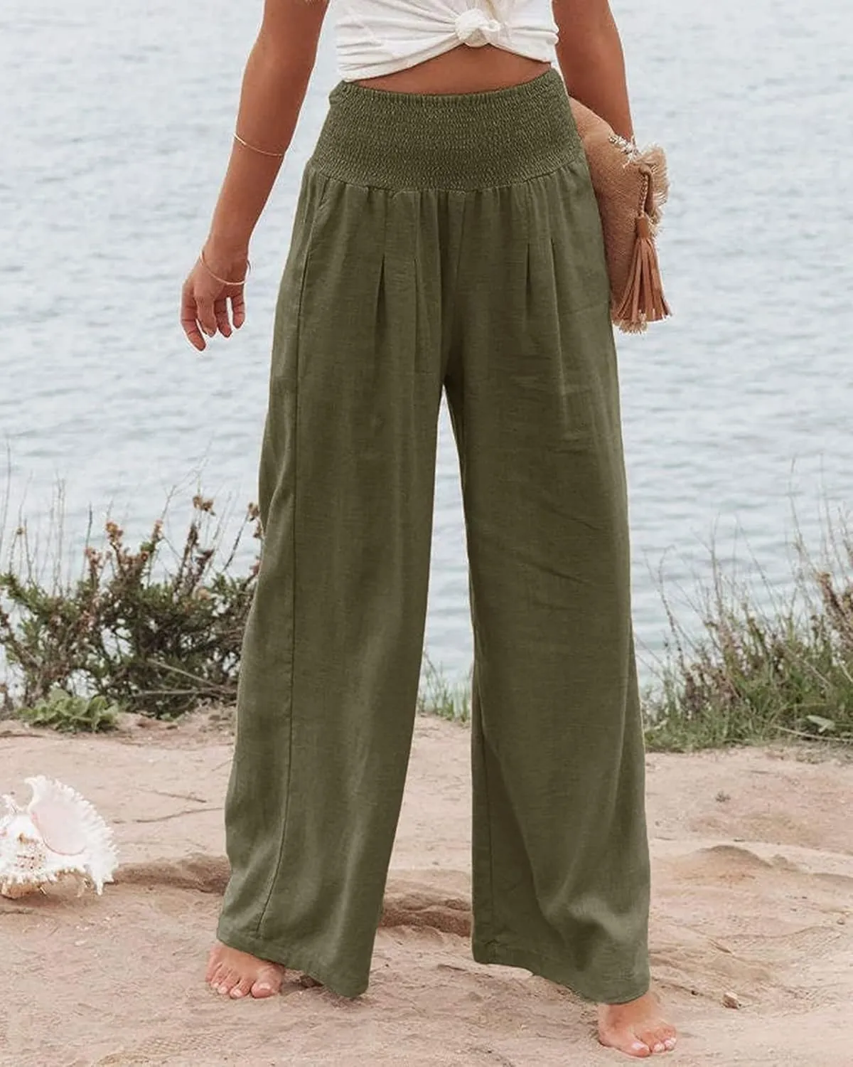 Kubbon Cotton Linen Pants for Women Wide Leg High Waist Pants Casual Stretchy Palazzo Trousers with Pockets Summer Clothes