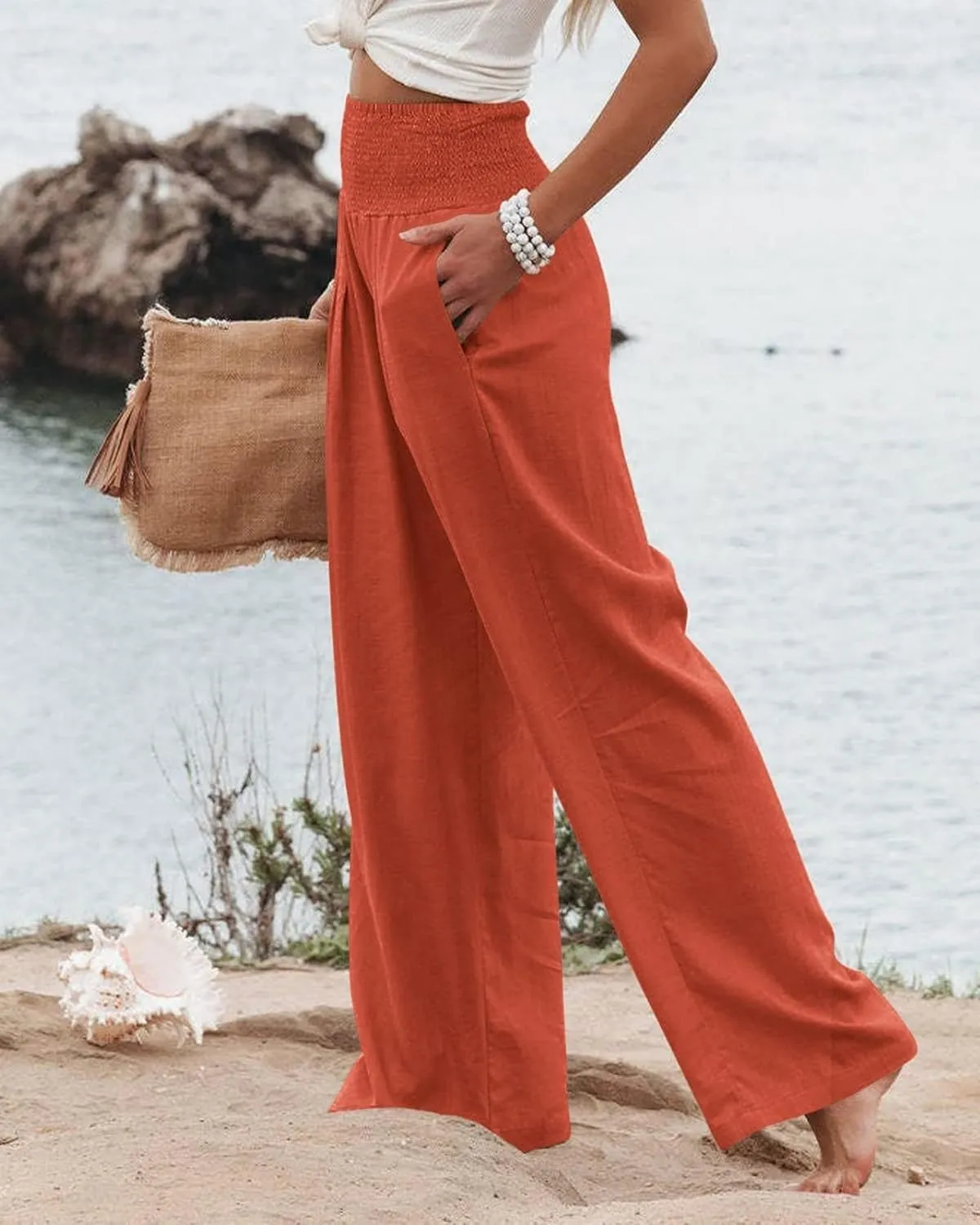 Kubbon Cotton Linen Pants for Women Wide Leg High Waist Pants Casual Stretchy Palazzo Trousers with Pockets Summer Clothes