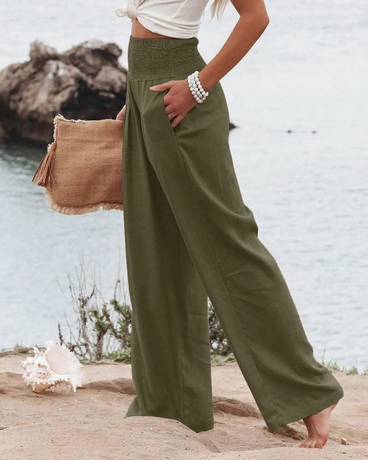Kubbon Cotton Linen Pants for Women Wide Leg High Waist Pants Casual Stretchy Palazzo Trousers with Pockets Summer Clothes