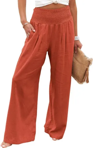 Kubbon Cotton Linen Pants for Women Wide Leg High Waist Pants Casual Stretchy Palazzo Trousers with Pockets Summer Clothes
