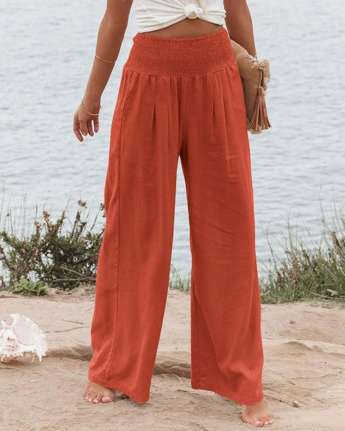 Kubbon Cotton Linen Pants for Women Wide Leg High Waist Pants Casual Stretchy Palazzo Trousers with Pockets Summer Clothes