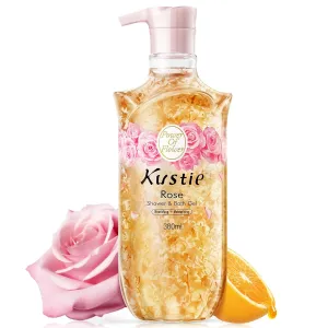 Kustie Rose Anti-aging Body Wash, Natural Petals & Essential Oils, 24H Fragrance & Deep Moisturizing, Clear Free Radicals Cleanse Shower Gel for Sensitive & Dry Skin with Pump Bottle, 12.8 Fl Oz