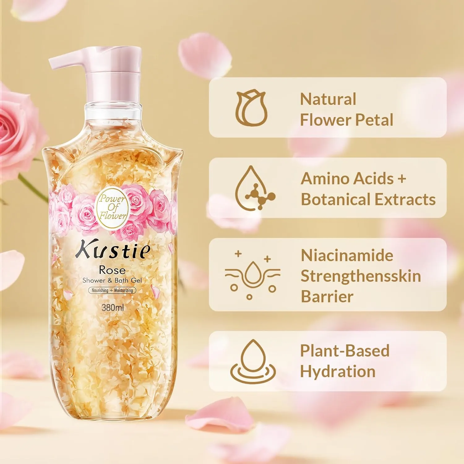 Kustie Rose Anti-aging Body Wash, Natural Petals & Essential Oils, 24H Fragrance & Deep Moisturizing, Clear Free Radicals Cleanse Shower Gel for Sensitive & Dry Skin with Pump Bottle, 12.8 Fl Oz