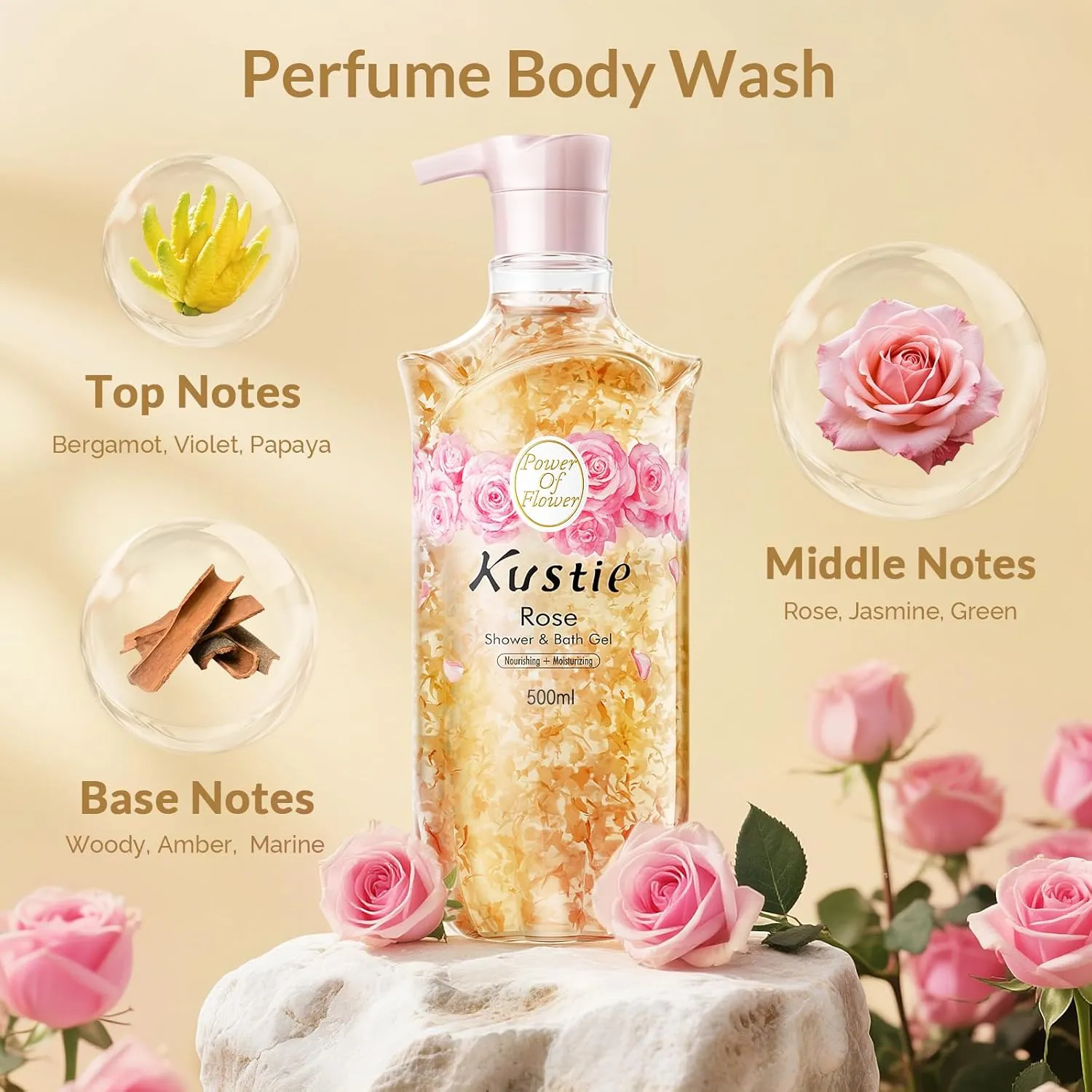 Kustie Rose Body Wash for Women & Men, Natural Petals Body Wash, 24H Fragrance & Moisturizing Deep Cleanse Rose Shower Gel for Sensitive & Dry Skin with Pump Bottle, 16.9 oz