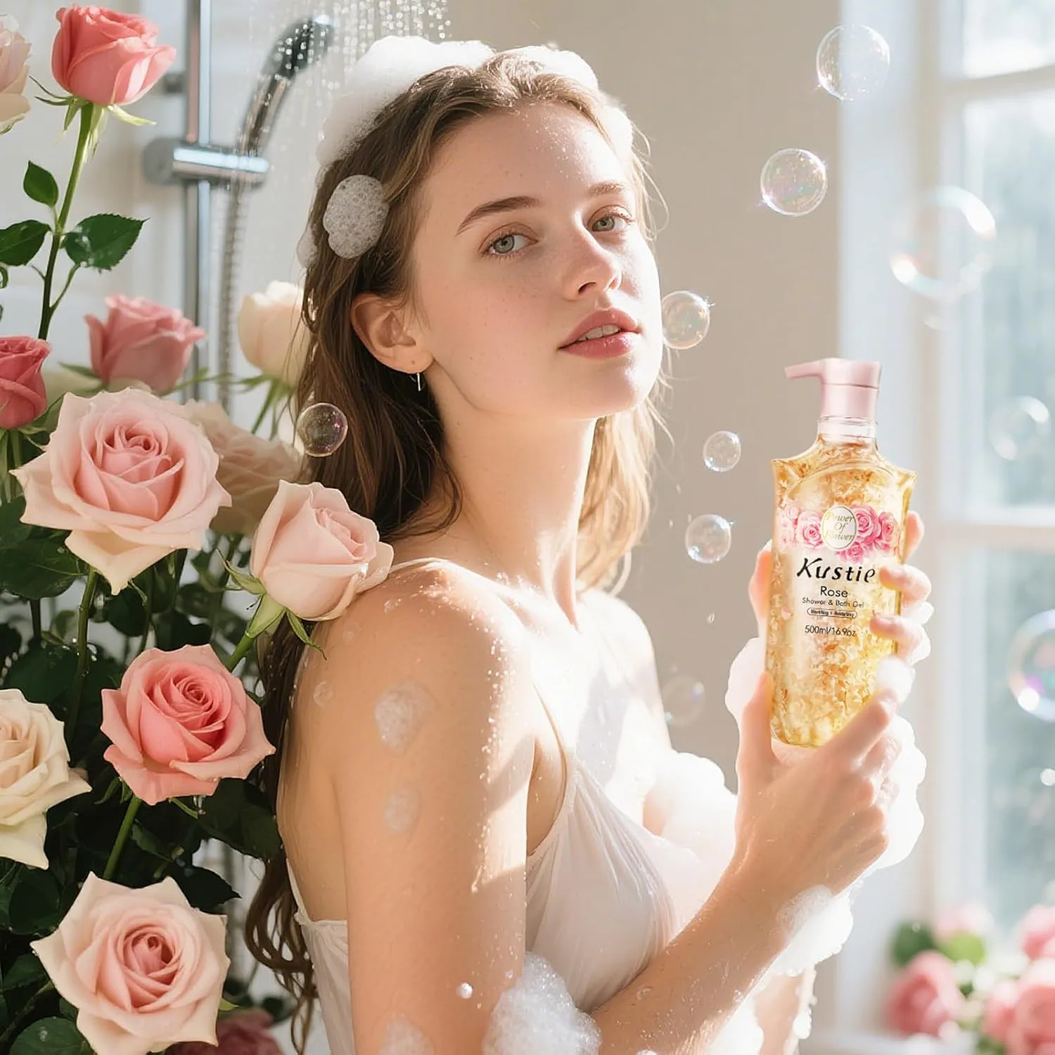Kustie Rose Body Wash for Women & Men, Natural Petals Body Wash, 24H Fragrance & Moisturizing Deep Cleanse Rose Shower Gel for Sensitive & Dry Skin with Pump Bottle, 16.9 oz