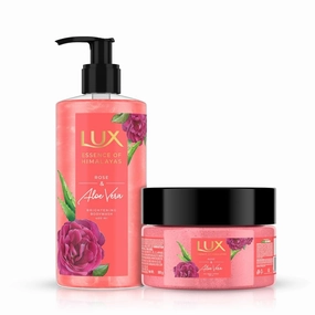 L, eX ROSE & ALOEVERA GEL BODY SCRUB (300gm) and LUX ROSE & ALOEVERA SHIM BodyWash (400ml)