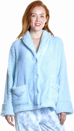 LA CERA Women's Fleece Bed Jacket - Stylish Notched Collar, Long Sleeves, Front Pockets, Button Front, Machine Washable