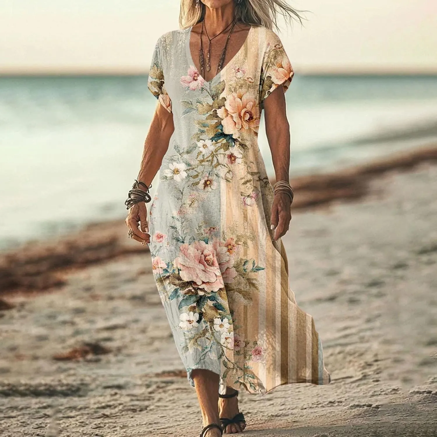 Ladies' Gradient Color Short Sleeve Maxi Dresses Flowy Beach Sundress with Side Pockets Lightweight Stretch Summer Dress