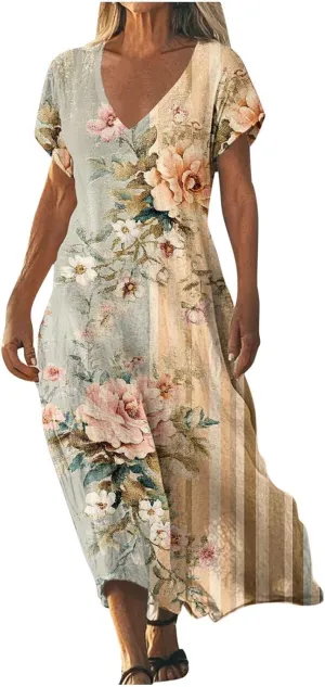 Ladies' Gradient Color Short Sleeve Maxi Dresses Flowy Beach Sundress with Side Pockets Lightweight Stretch Summer Dress