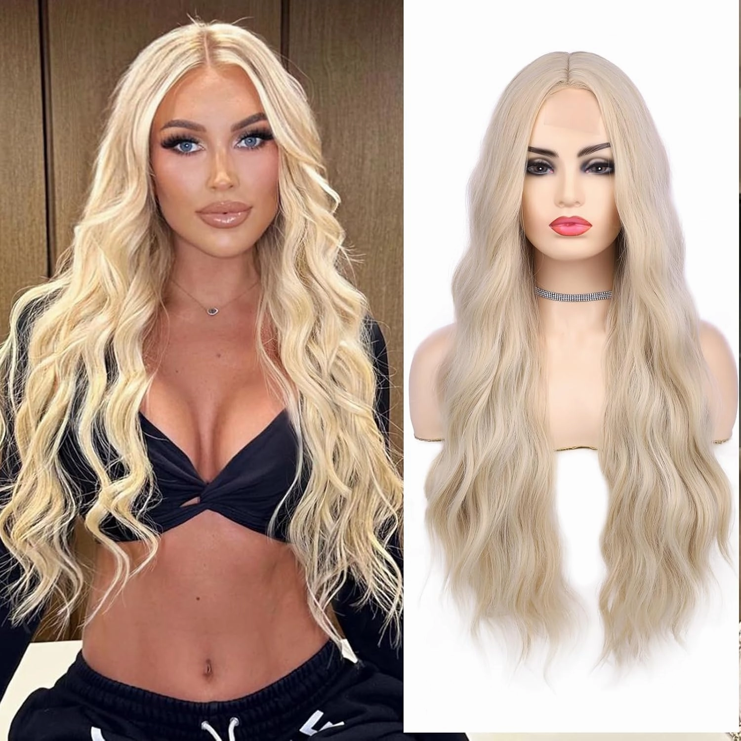 Lady Miranda Long Platinum Blonde Wig 28 Inch Natural Wavy Blonde Wig Middle Part Blonde Lace Wig Synthetic Hair Blonde Wigs for White Women