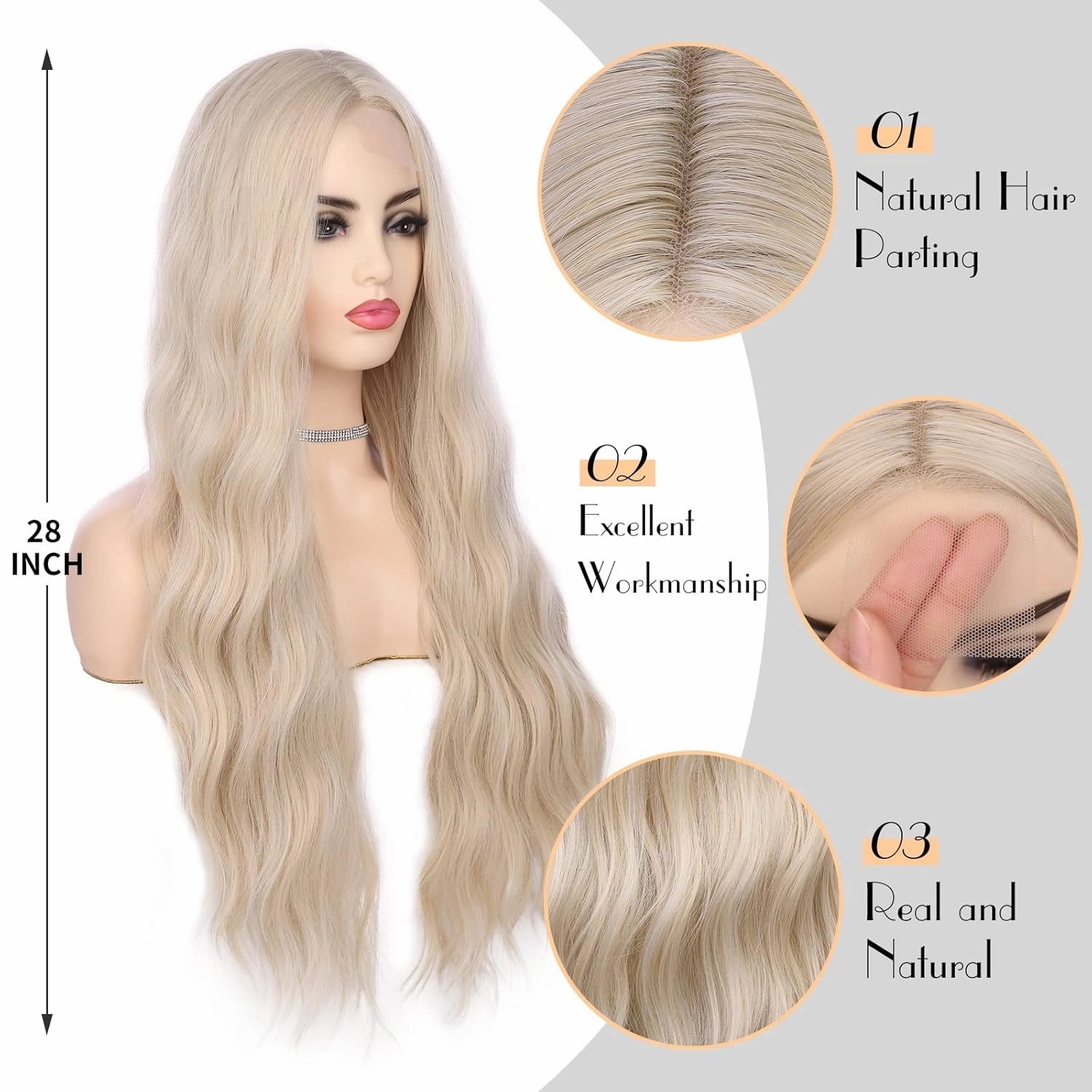 Lady Miranda Long Platinum Blonde Wig 28 Inch Natural Wavy Blonde Wig Middle Part Blonde Lace Wig Synthetic Hair Blonde Wigs for White Women