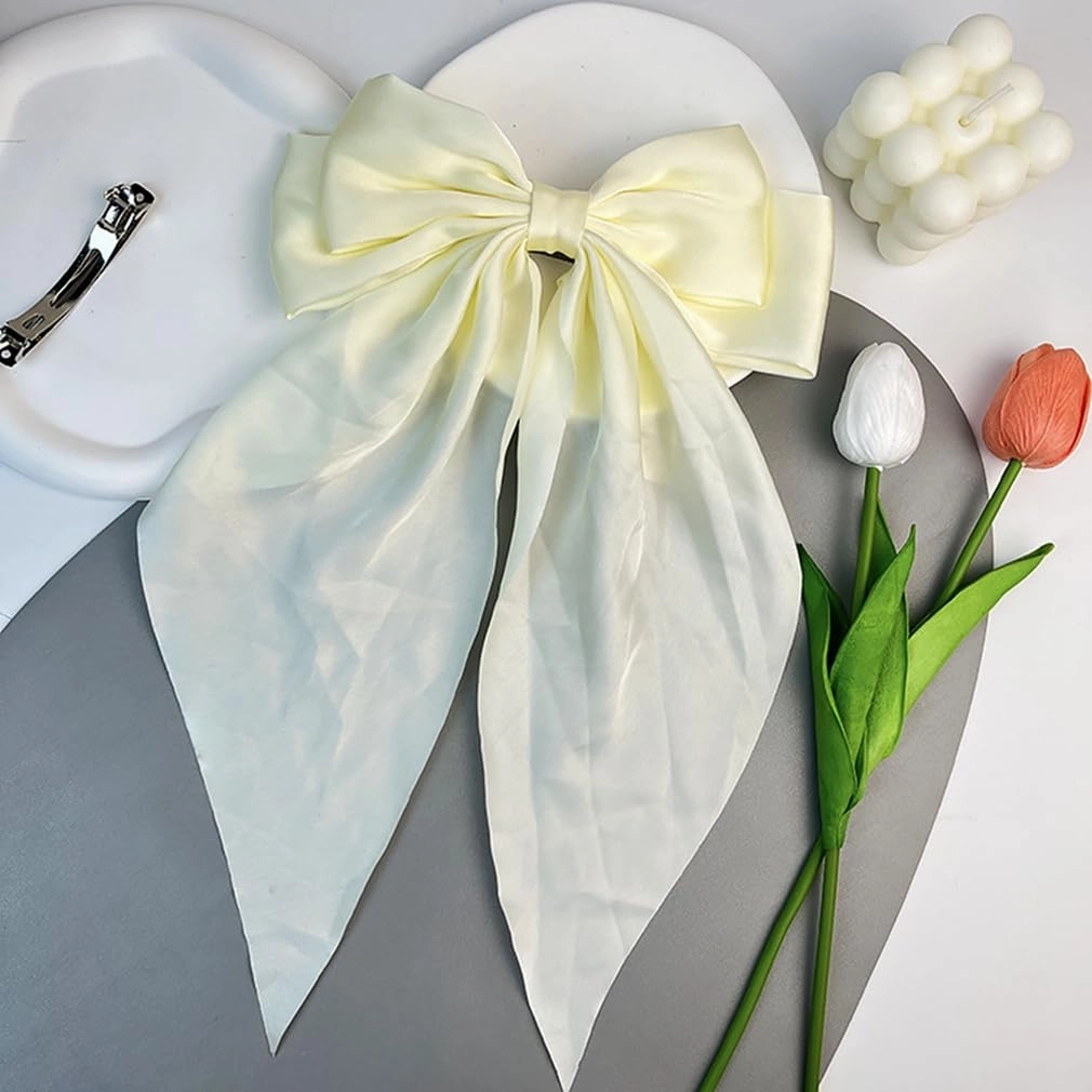 Large Ribbon Bow Hair Clip for Women Silky Satin Bowknot Handmade Girls Hairpins Barrettes (Beige)