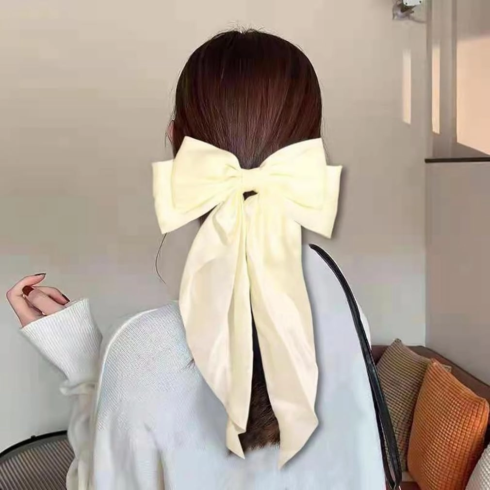 Large Ribbon Bow Hair Clip for Women Silky Satin Bowknot Handmade Girls Hairpins Barrettes (Beige)