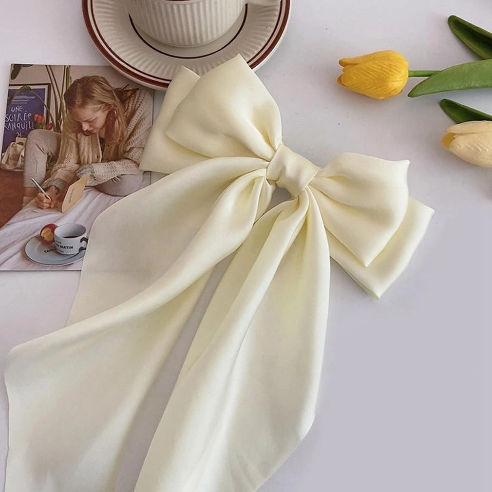 Large Ribbon Bow Hair Clip for Women Silky Satin Bowknot Handmade Girls Hairpins Barrettes (Beige)