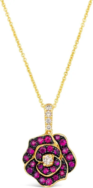 LE VIAN 1/10 Carat Diamond and 1/2 Carat Red Ruby Flower Rose Pendant Necklace for Women in 14k Yellow Gold (Brown, cttw) on 20 Inch Long Chain with Lobster Claw Clasp