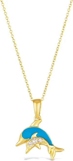 LE VIAN 1/20 Carat Diamond Two Dolphins Pendant Necklace for Women | 14k Yellow Gold Pave Necklace for Her with Blue Enamel Aesthetic Design (White, 0.05 cttw) 18 Inch Chain with Lobster Claw Clasp