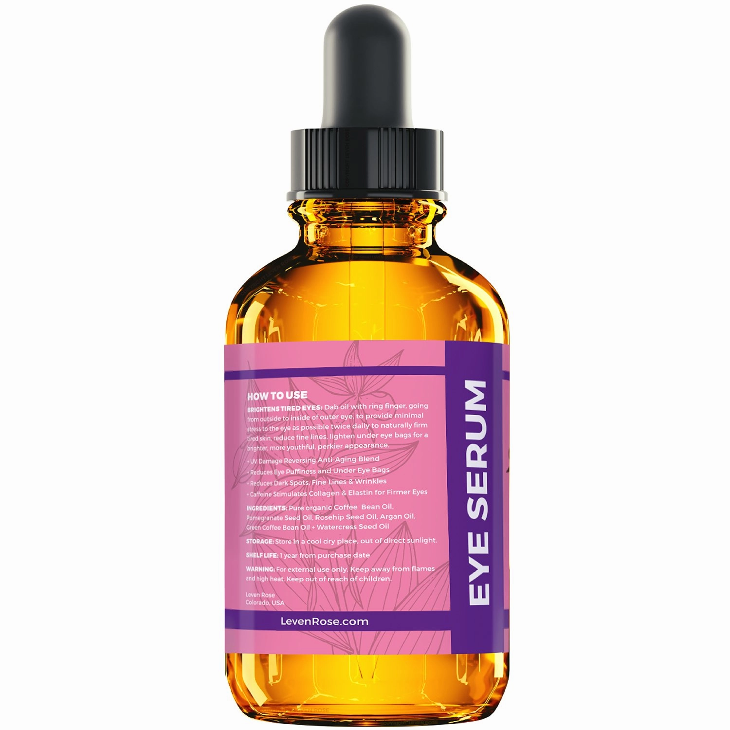 Leven Rose Coffee Bean Caffeine Serum for Eyes 1 oz - Anti-aging Caffeine Eye Serum - Organic Under Eye Serum - Eye Serum for Puffy Bags Under Eyes