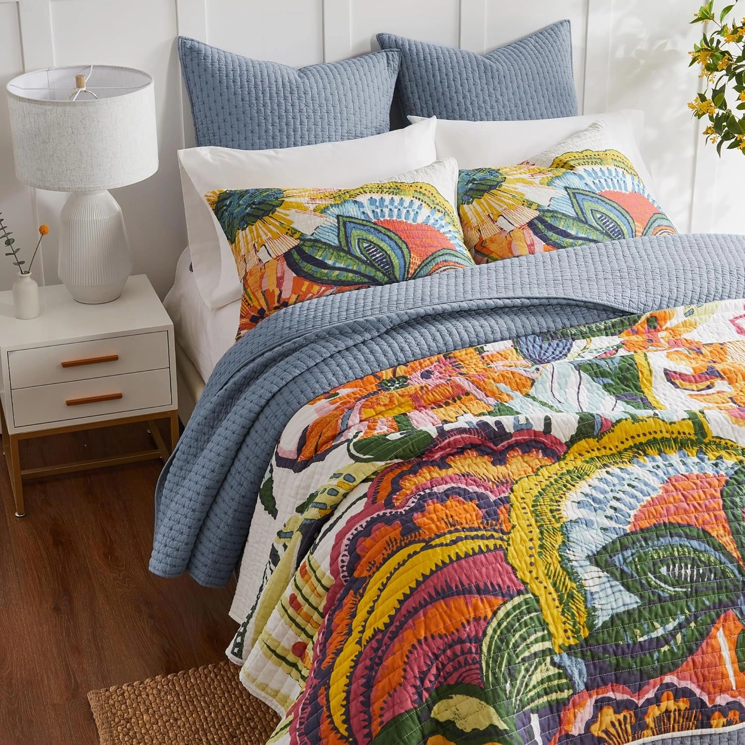Levtex Home - Cross Stitch Chambray - Quilted Euro Shams Set of Two (26 x 26 in.) - Cross Stitched Pattern - Cotton Fabric