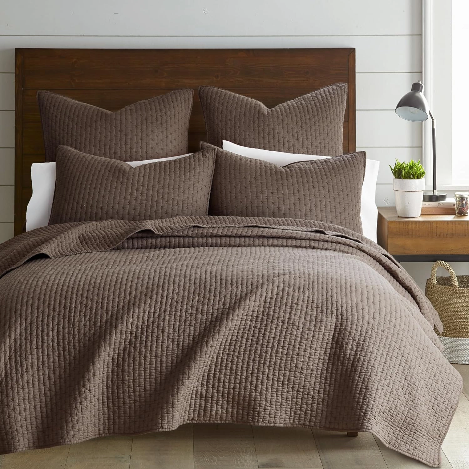 Levtex Home - Cross Stitch Cocoa - Euro Shams Set of Two - (26x26in.), No Insert - Cross Stitched Pattern - Cotton Fabric