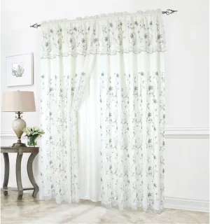 Liliana Floral Embroidered 2 PLY Rod Pocket Window Panel with Valance and Backing, Lighten The Room, Great for Living, Dining and Bedrooms, 54x90 Inches Each (Beige-Gray)