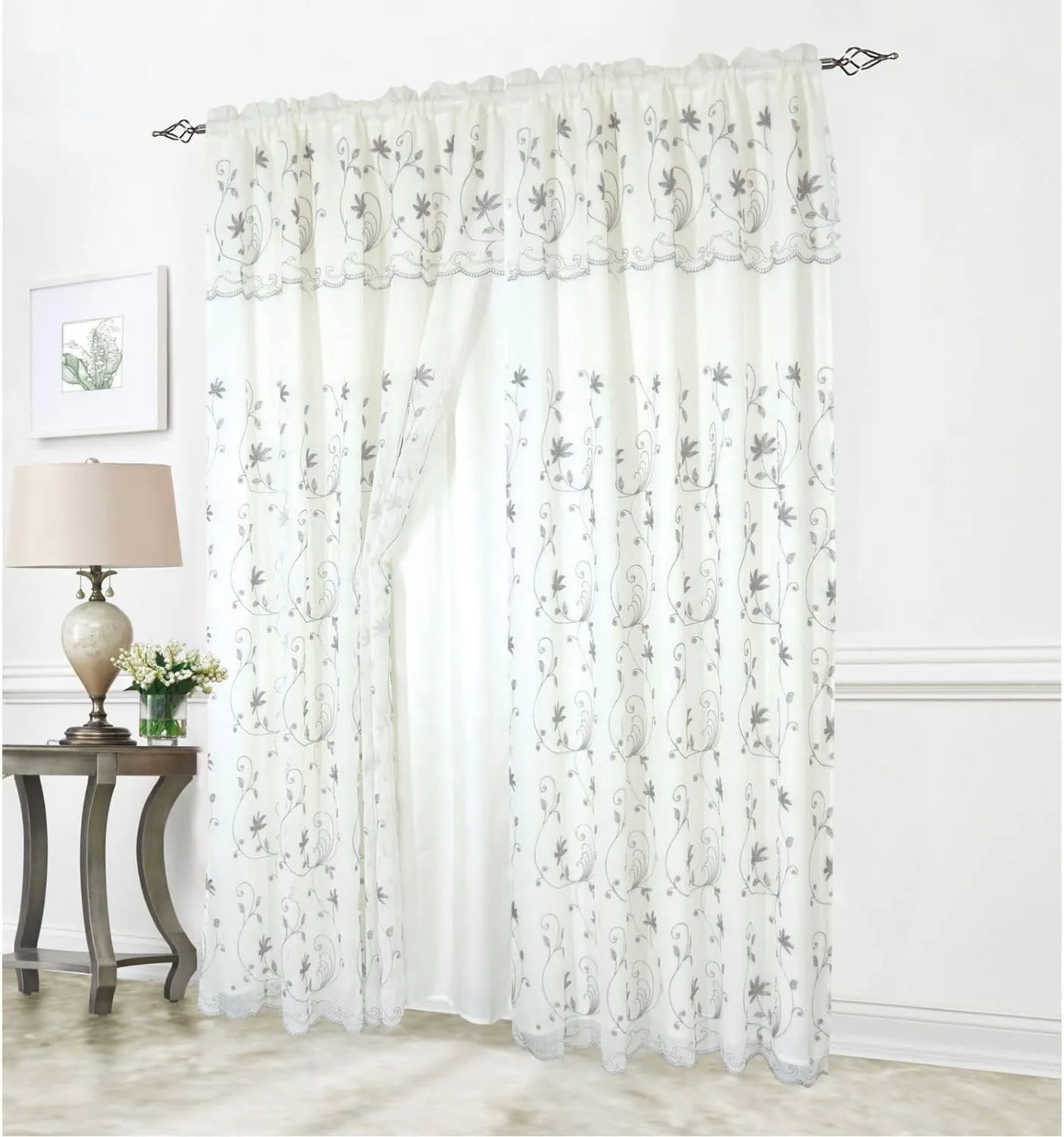 Liliana Floral Embroidered 2 PLY Rod Pocket Window Panel with Valance and Backing, Lighten The Room, Great for Living, Dining and Bedrooms, 54x90 Inches Each (Beige-Gray)
