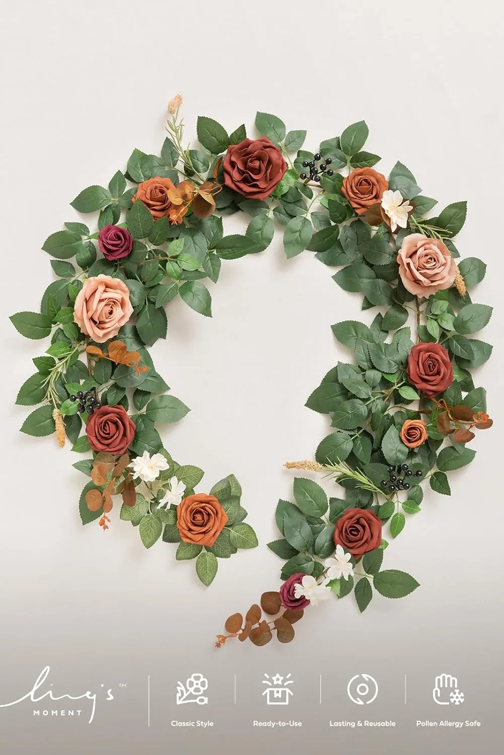 Ling's Moment 5FT Terracotta Artificial Flower Garland Rose Eucalyptus Leaves Fall Floral Garland Burnt Orange Arch Flowers Vine for Wedding Party Backdrop Decor Mantel Table Centerpieces Decorations