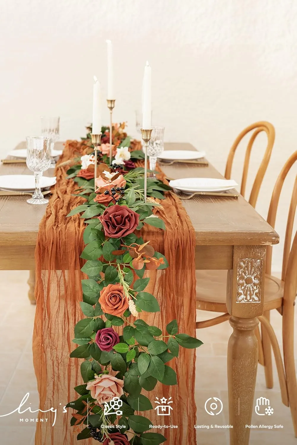 Ling's Moment 5FT Terracotta Artificial Flower Garland Rose Eucalyptus Leaves Fall Floral Garland Burnt Orange Arch Flowers Vine for Wedding Party Backdrop Decor Mantel Table Centerpieces Decorations