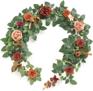 Ling's Moment 5FT Terracotta Artificial Flower Garland Rose Eucalyptus Leaves Fall Floral Garland Burnt Orange Arch Flowers Vine for Wedding Party Backdrop Decor Mantel Table Centerpieces Decorations