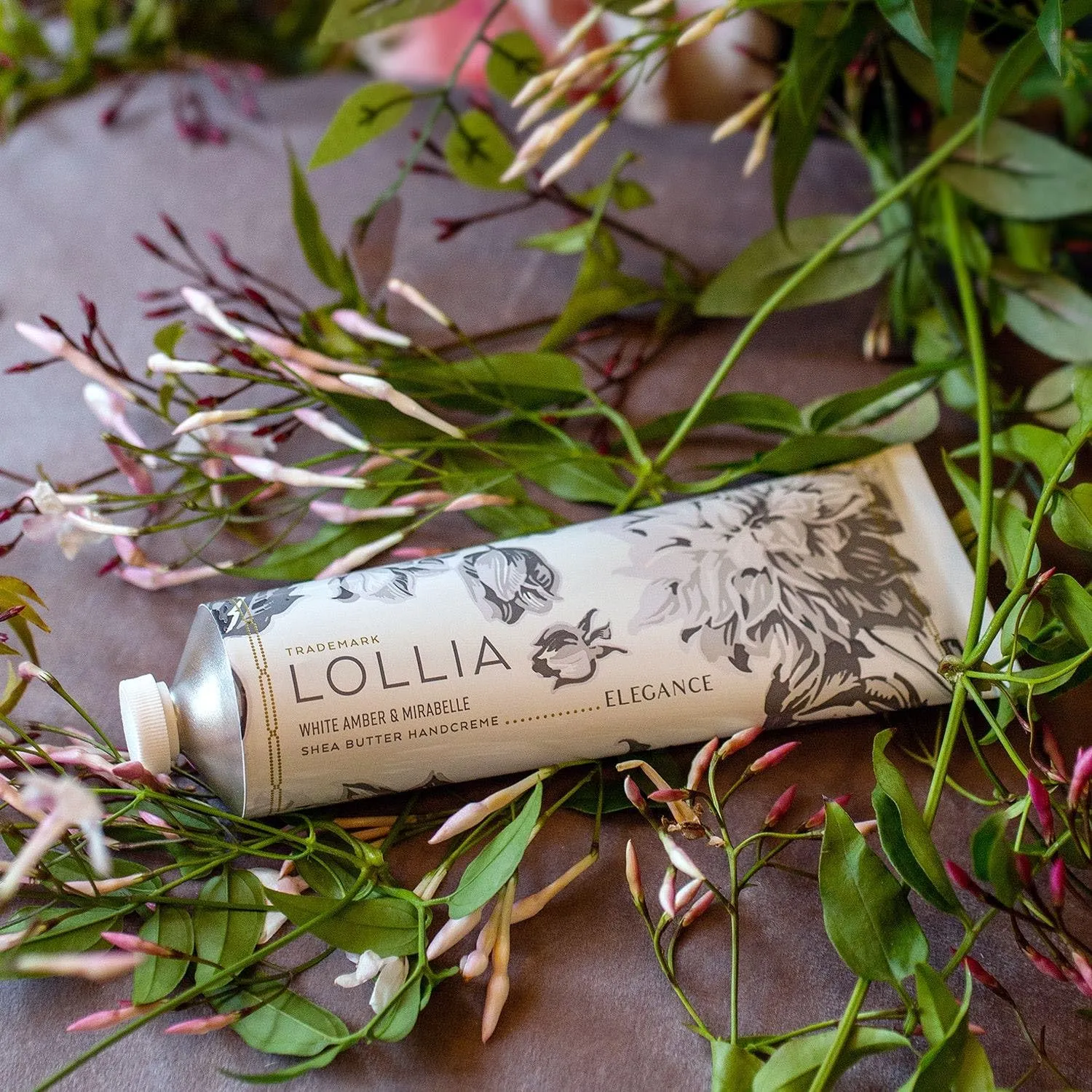 Lollia Elegance Handcreme, 4 oz. – White Amber & Mirabelle – Scented Hand Cream for Women, Moisturizing Hand Lotion for Dry Hands, Shea Butter & Cocoa Butter, Quick Absorbing Lotion