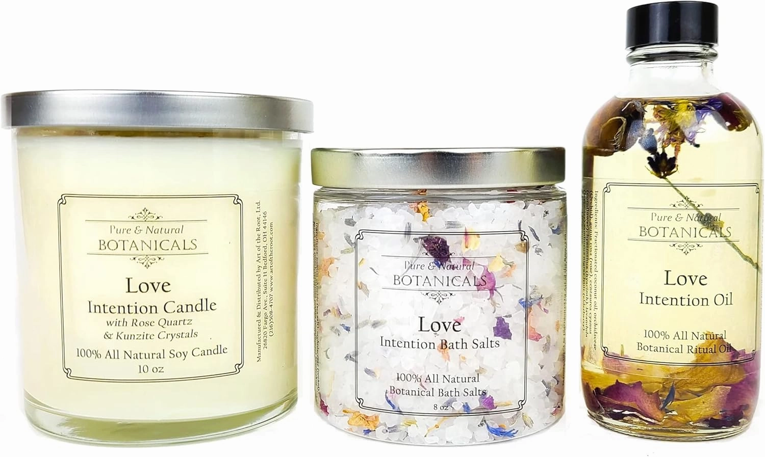 Love Intention Ritual Spa Set | 100% Natural | 10 oz Soy Candle, 4 oz Intention Oil, 8 oz Bath Salts | Attraction, Commitment, Seduction Rituals | Wiccan, Pagan, Spiritual Gift