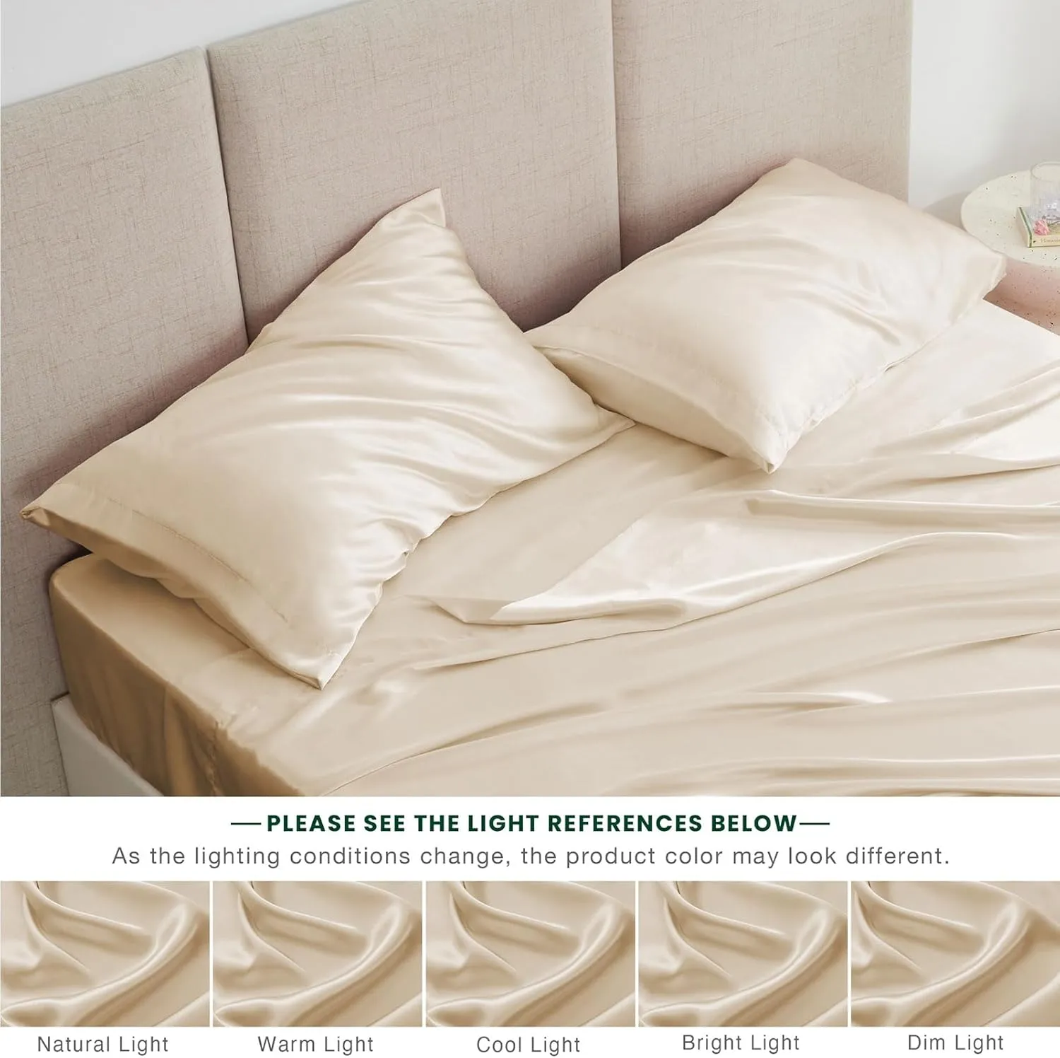 Love's Cabin Satin Sheet Set - Beige Silky Satin, Deep Pocket, Luxury Silk Feel, Full Bedding Set (1 Flat, 1 Fitted, 2 Pillow Cases)