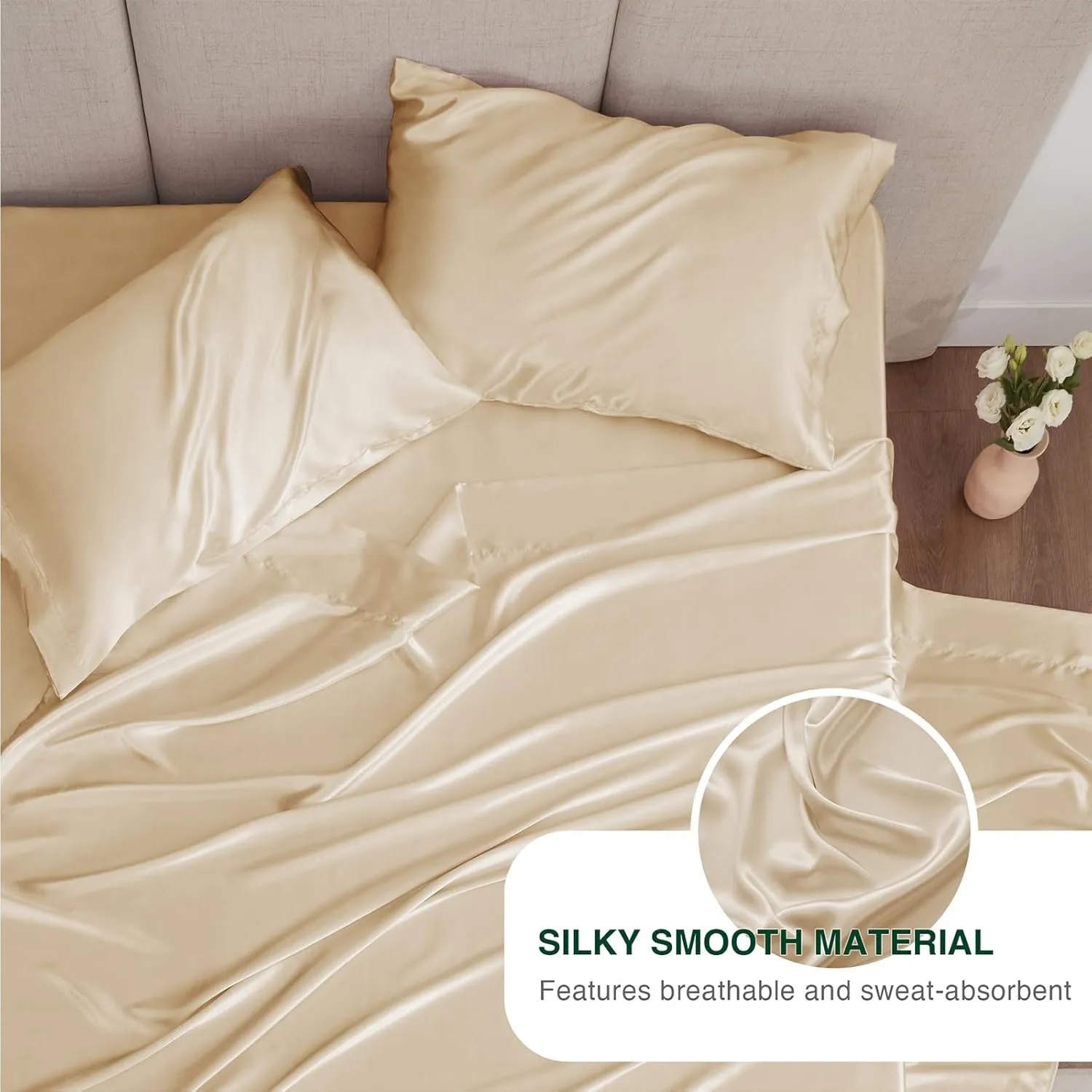 Love's Cabin Satin Sheet Set - Beige Silky Satin, Deep Pocket, Luxury Silk Feel, Full Bedding Set (1 Flat, 1 Fitted, 2 Pillow Cases)