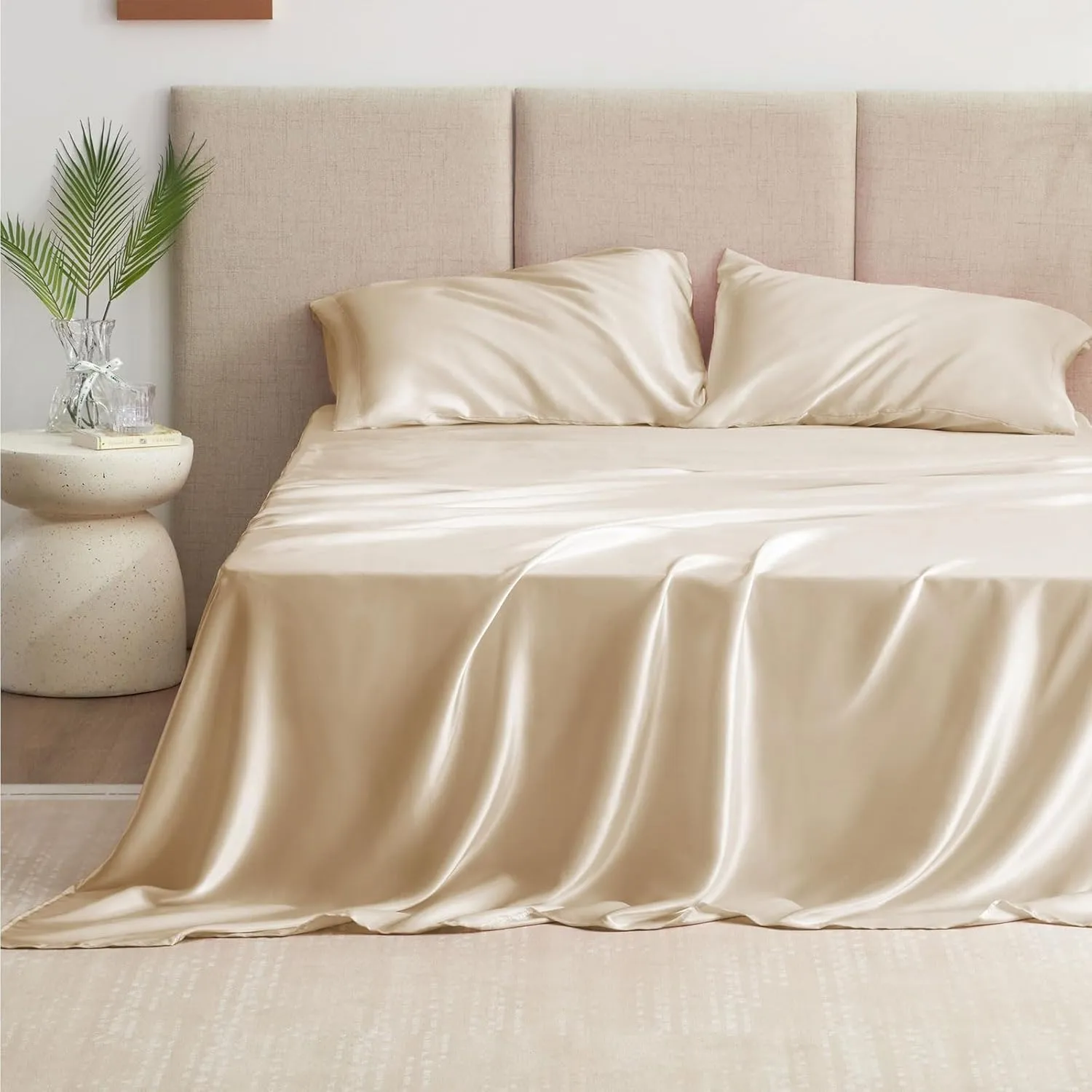 Love's Cabin Satin Sheet Set - Beige Silky Satin, Deep Pocket, Luxury Silk Feel, Full Bedding Set (1 Flat, 1 Fitted, 2 Pillow Cases)