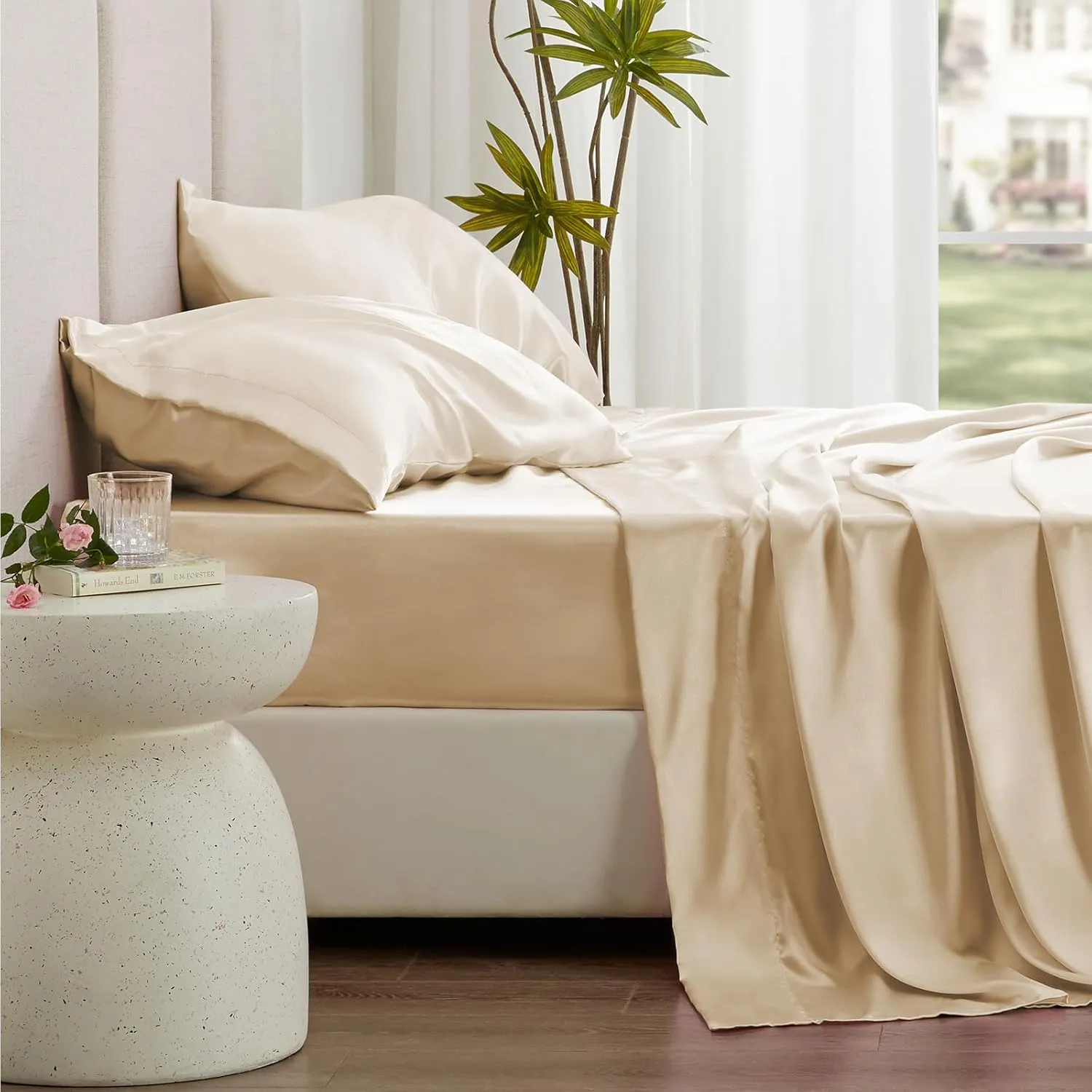 Love's Cabin Satin Sheet Set - Beige Silky Satin, Deep Pocket, Luxury Silk Feel, Full Bedding Set (1 Flat, 1 Fitted, 2 Pillow Cases)