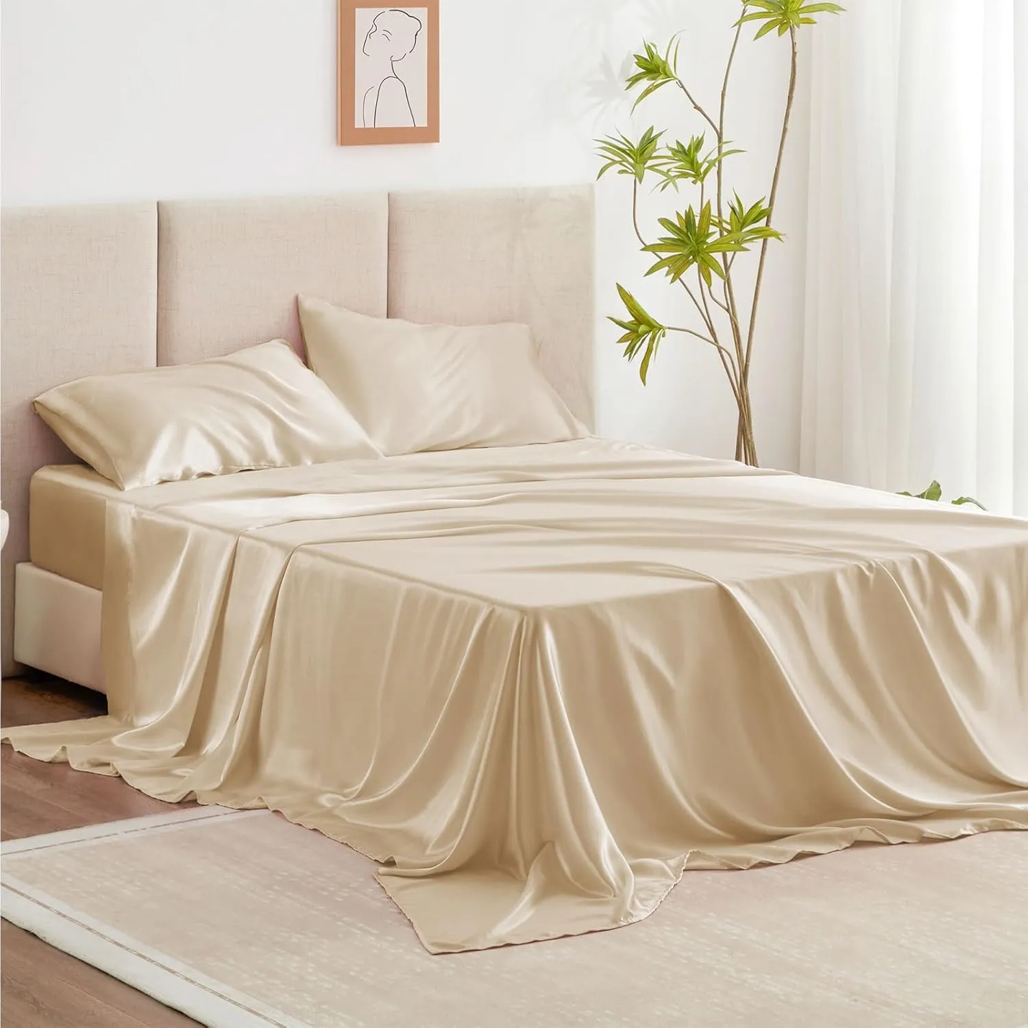 Love's Cabin Satin Sheet Set - Beige Silky Satin, Deep Pocket, Luxury Silk Feel, Full Bedding Set (1 Flat, 1 Fitted, 2 Pillow Cases)