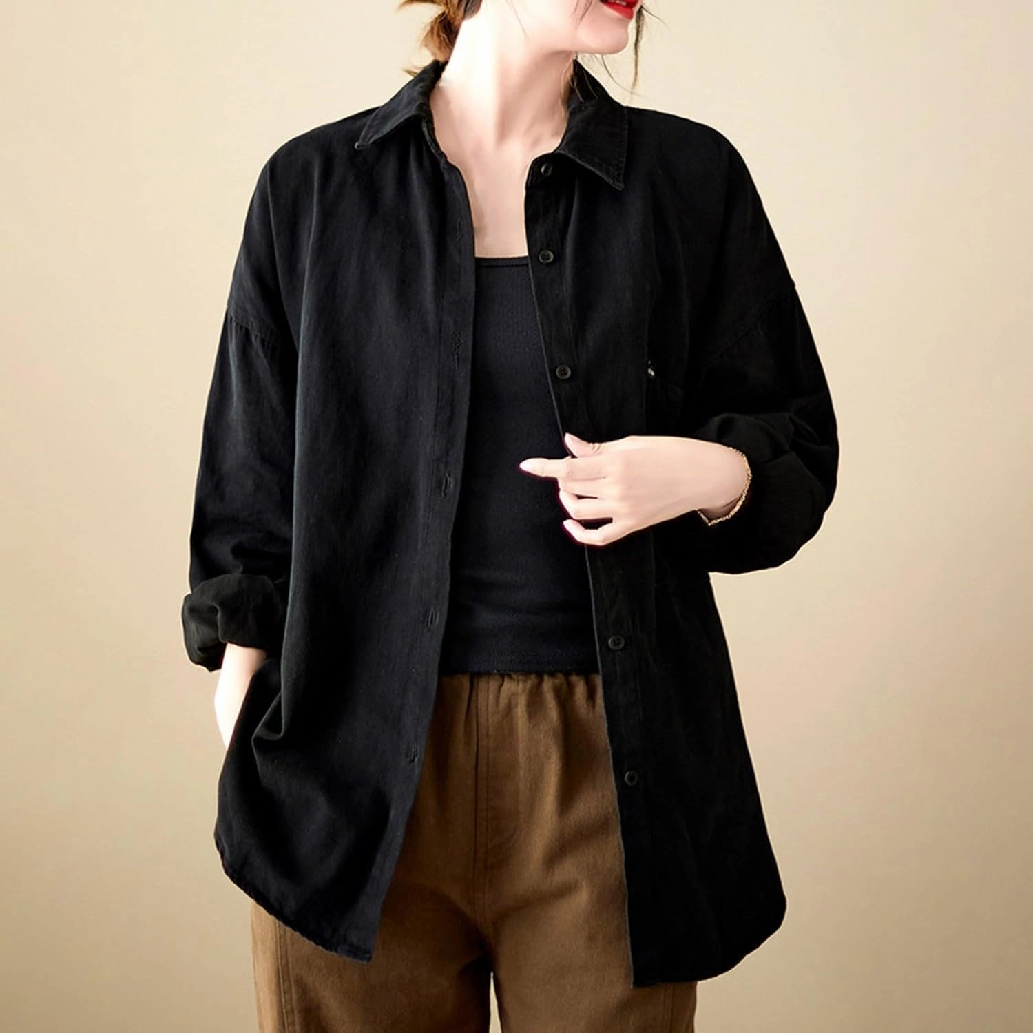 Lpmadey Womens Button Down Shirts Linen Dress Shirts Roll Up Sleeve Blouses V Neck Solid Casual Tunics Tops with Pockets