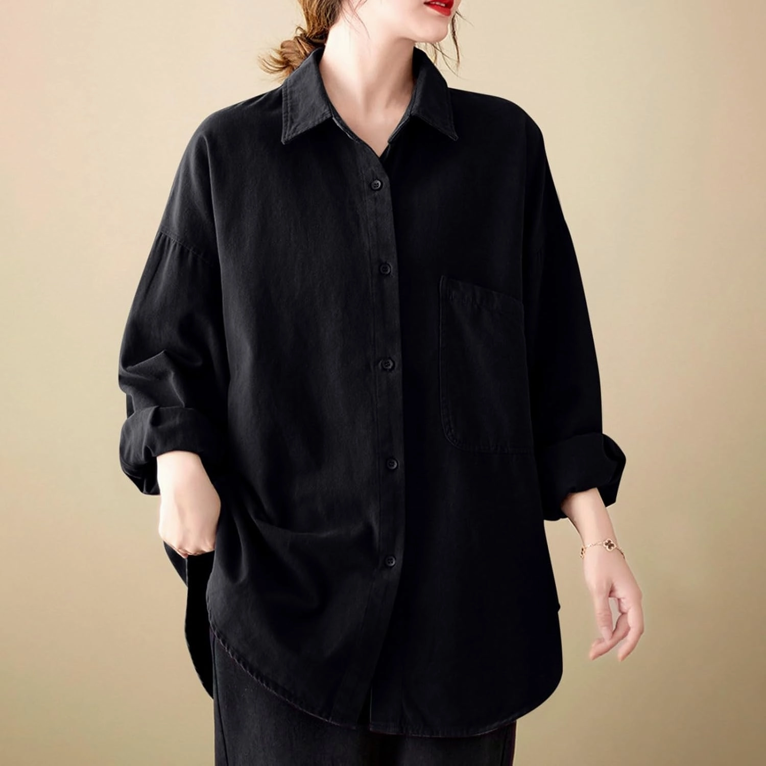 Lpmadey Womens Button Down Shirts Linen Dress Shirts Roll Up Sleeve Blouses V Neck Solid Casual Tunics Tops with Pockets