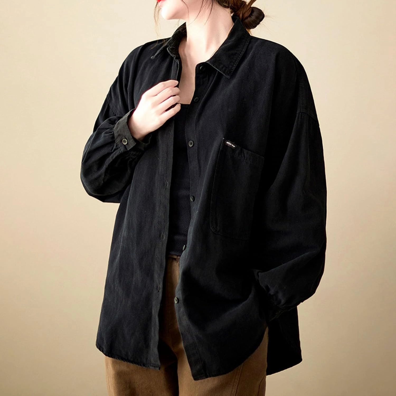 Lpmadey Womens Button Down Shirts Linen Dress Shirts Roll Up Sleeve Blouses V Neck Solid Casual Tunics Tops with Pockets