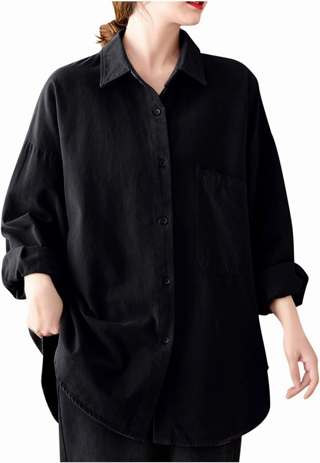 Lpmadey Womens Button Down Shirts Linen Dress Shirts Roll Up Sleeve Blouses V Neck Solid Casual Tunics Tops with Pockets