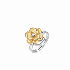 Luca Barra Ladies IP Gold Steel Ring with Spinning Rose and White Crystal