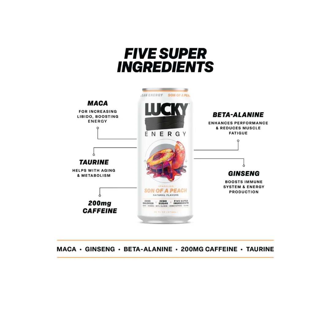 Lucky Energy Sugar Free Energy Drinks 16 Fl Oz Cans (12-Pack) Son of a Peach with Maca, Ginseng, Taurine, Beta-Alanine, 200mg Caffeine, Zero Calories