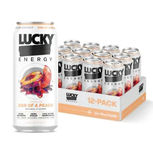Lucky Energy Sugar Free Energy Drinks 16 Fl Oz Cans (12-Pack) Son of a Peach with Maca, Ginseng, Taurine, Beta-Alanine, 200mg Caffeine, Zero Calories