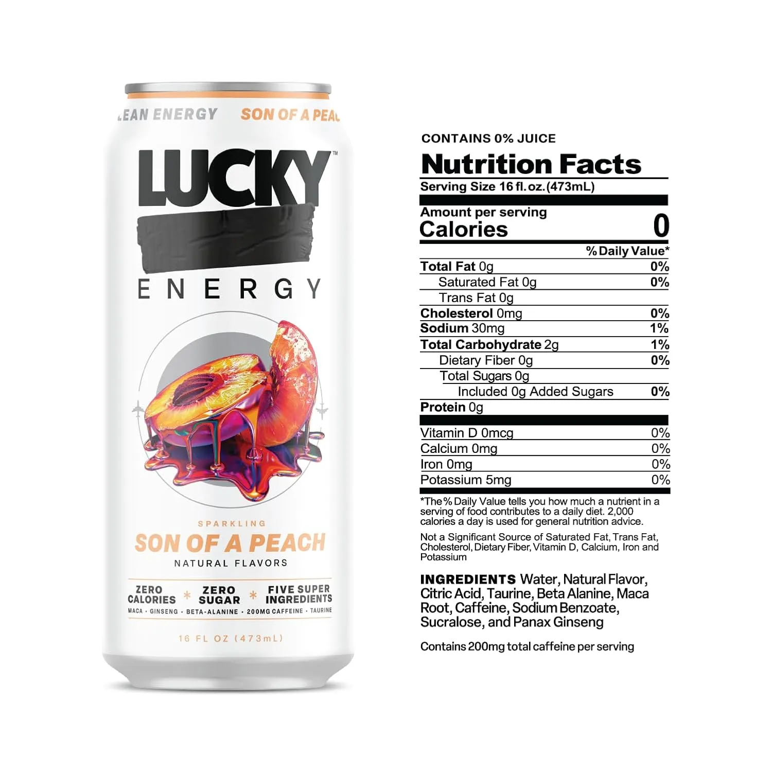 Lucky Energy Sugar Free Energy Drinks 16 Fl Oz Cans (12-Pack) Son of a Peach with Maca, Ginseng, Taurine, Beta-Alanine, 200mg Caffeine, Zero Calories