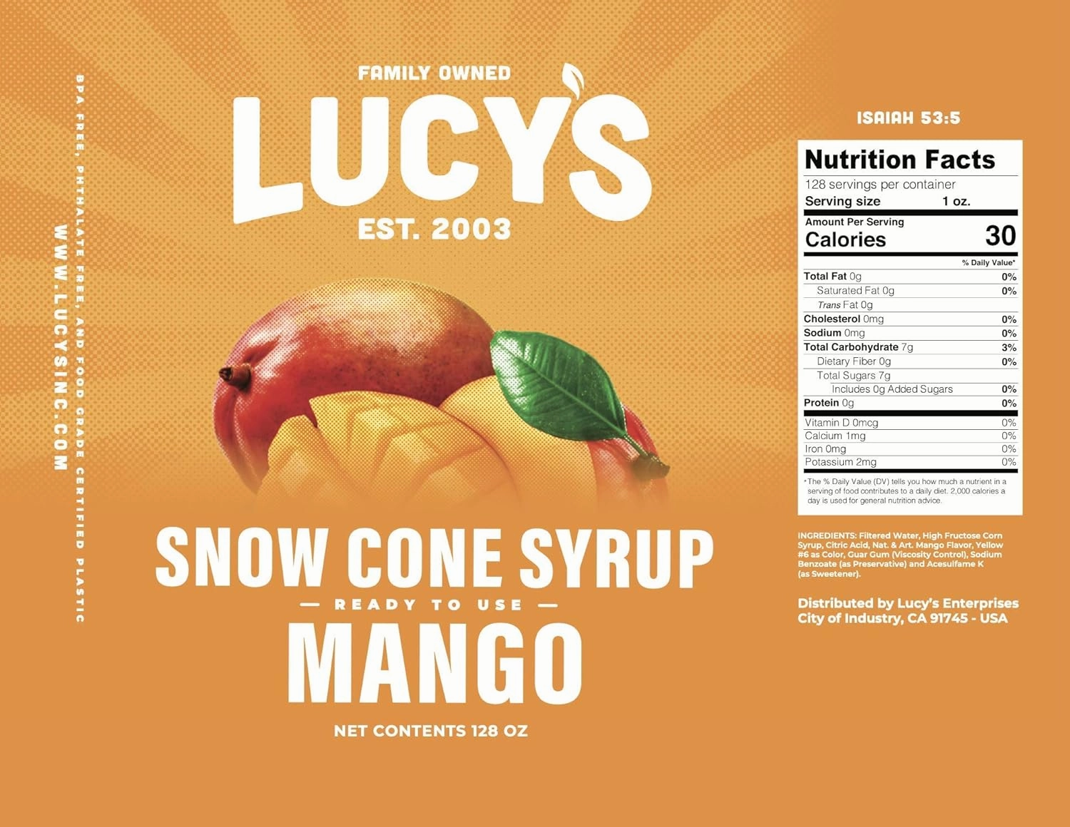Lucy's Family Owned - Shaved Ice Snow Cone Syrup, Mango - 1 Gallon (128oz.)