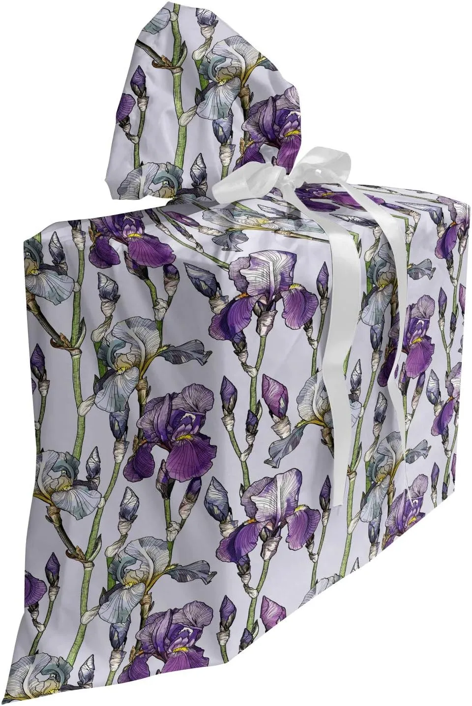 Lunarable Garden Gift Bag, Composition of Iris Flowers with Stalks on Pastel Background Sketch Illustration, Fabric Party Favor Pouch with 3 Ribbons, 27, Multicolor