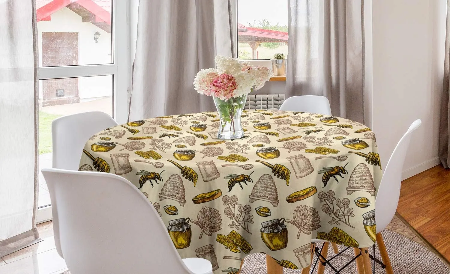 Lunarable Honeycomb Round Tablecloth, Honey Bee Themed Illustration of Hive Clover Spoon Bread Comb Print, Circle Table Cloth Cover for Dining Room Kitchen Decoration, 60", Beige and Earth Yellow